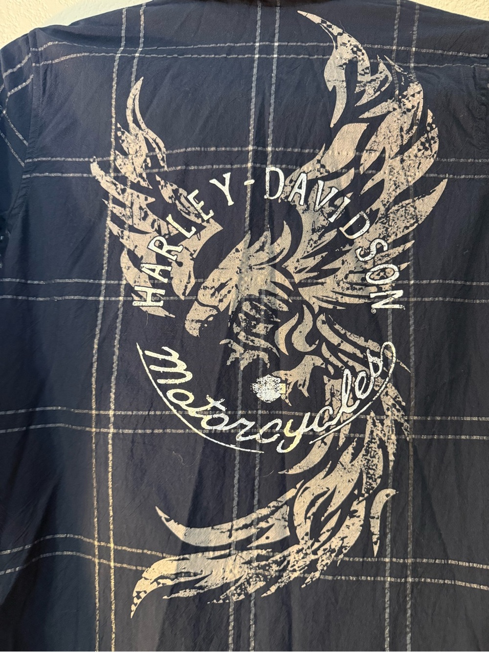 Harley Davidson Blue Plaid Button-Up Shirt with Back Graphic - Picture 4 of 9